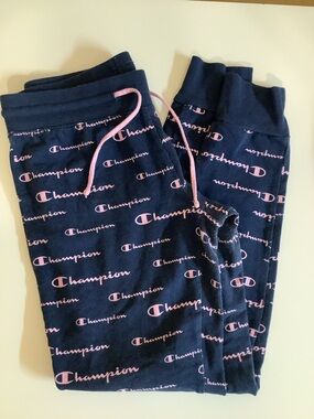 Champion Size Small Navy Sweatpants with Pink Logo Print, Preloved